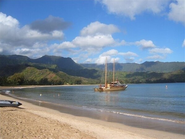 Relax on the serene beach with gentle waves lapping at the shore, surrounded by lush green hills and a traditional sailing boat anchored nearby.