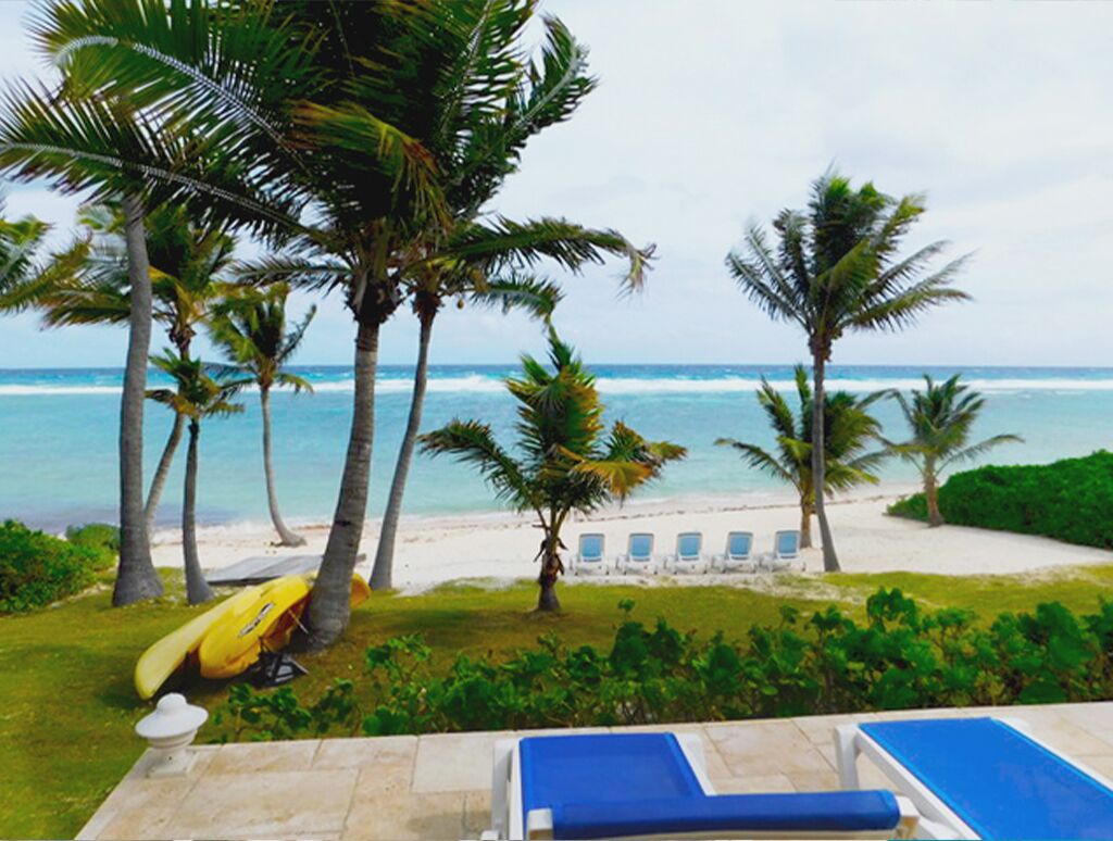A beach view with palm trees, a pool, and lounge chairs.