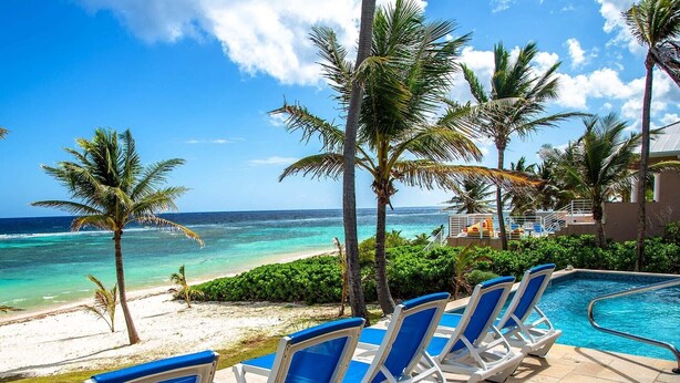 Un espace aménagé au bord de la piscine, avec des chaises longues, des palmiers et une vue sur l’océan.
