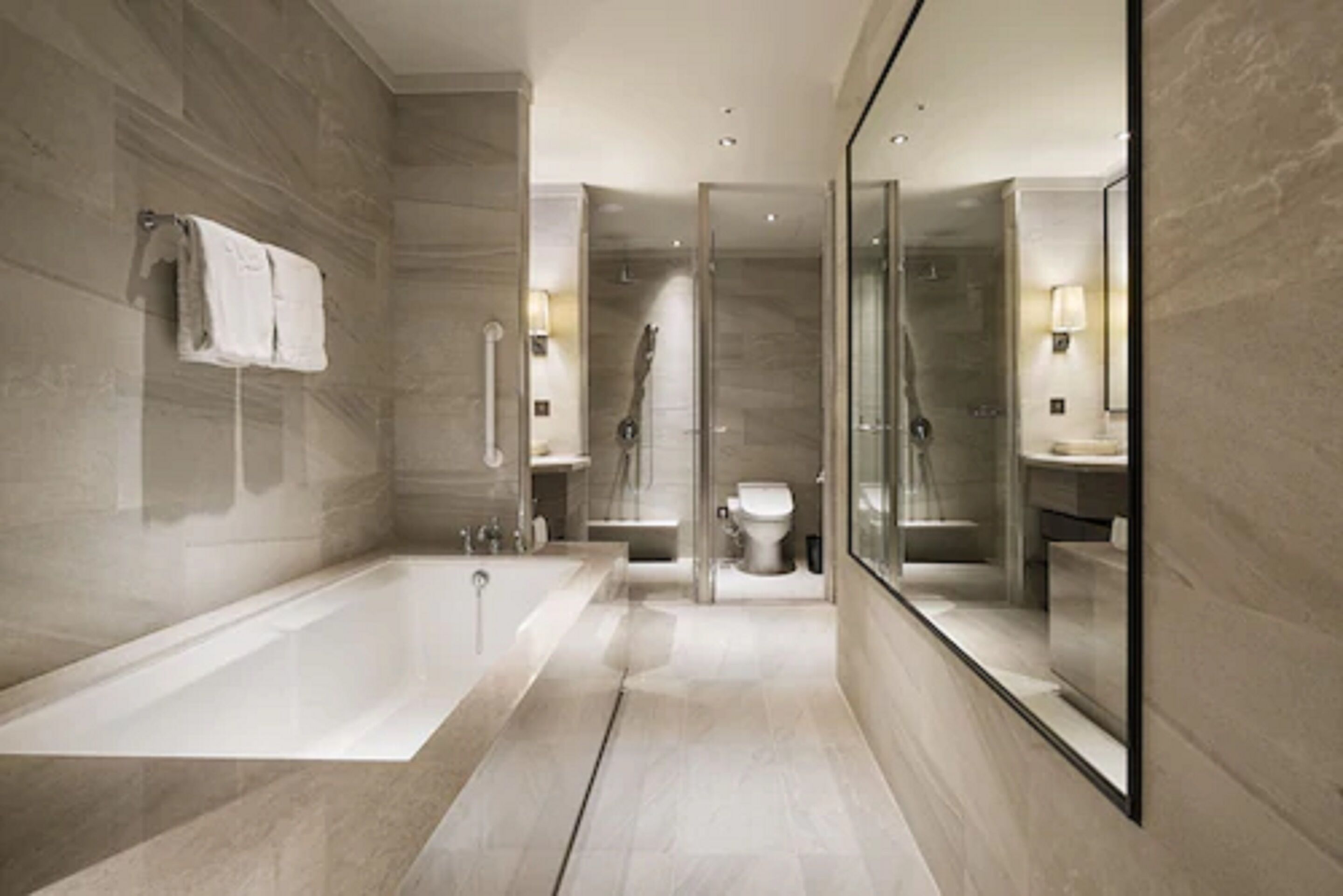 separate bathtub and shower, deep-soaking bathtub, free toiletries