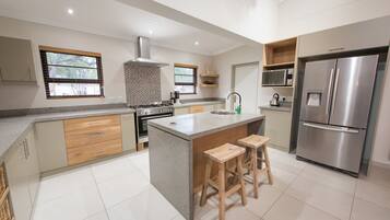 Full-sized fridge, microwave, oven, stovetop