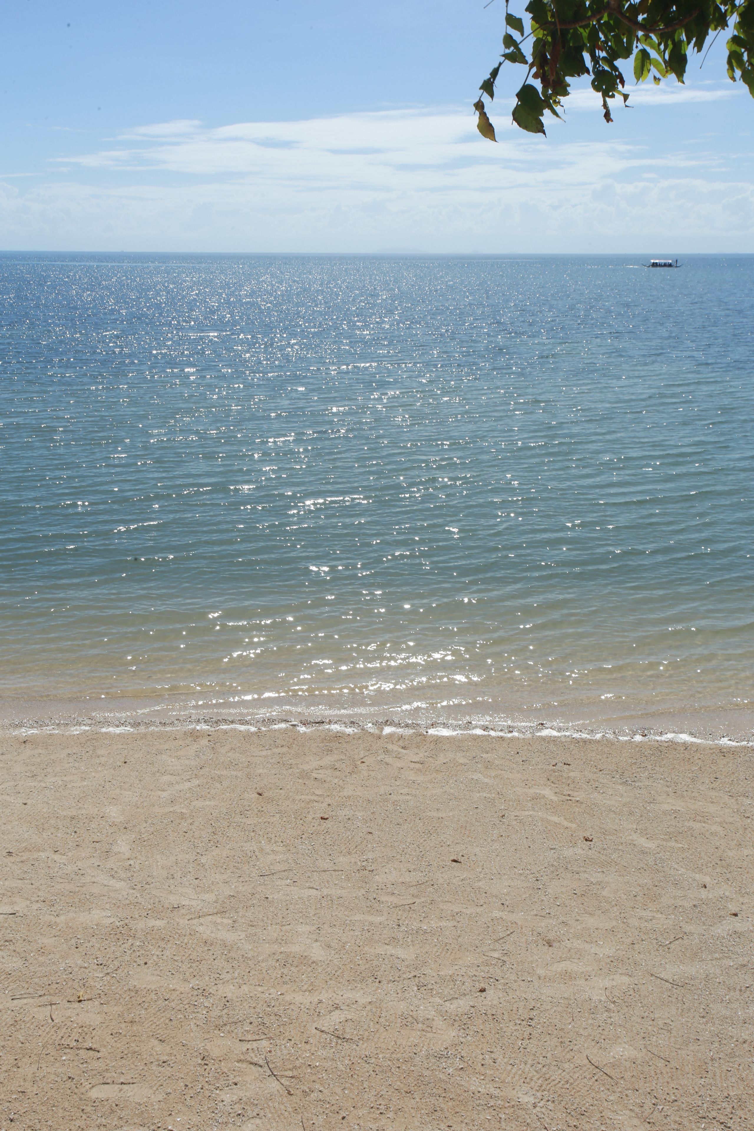 Een strand met helder water en een boot in de verte.