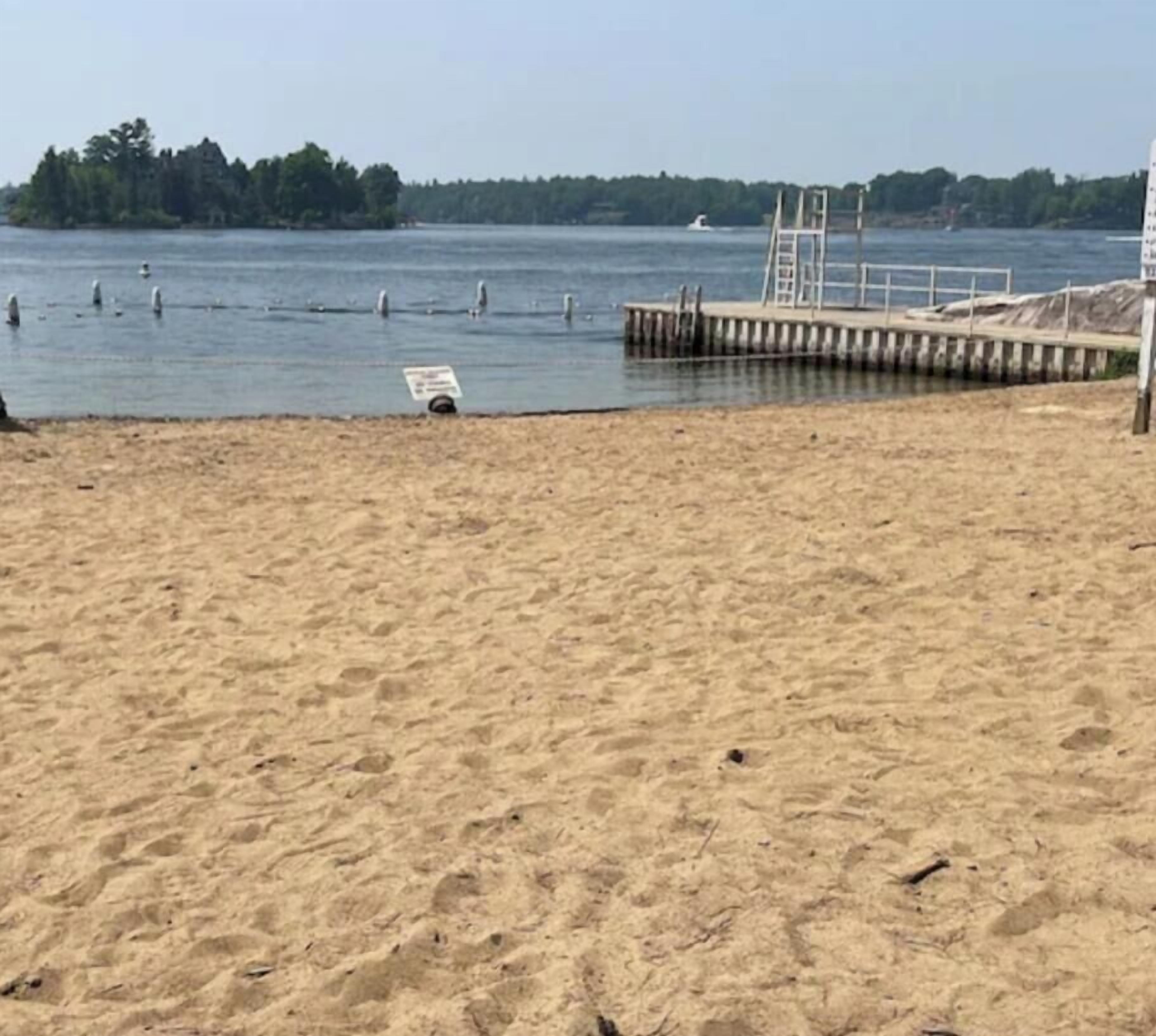 A sandy beach with a wooden pier extending into calm water, surrounded by trees.