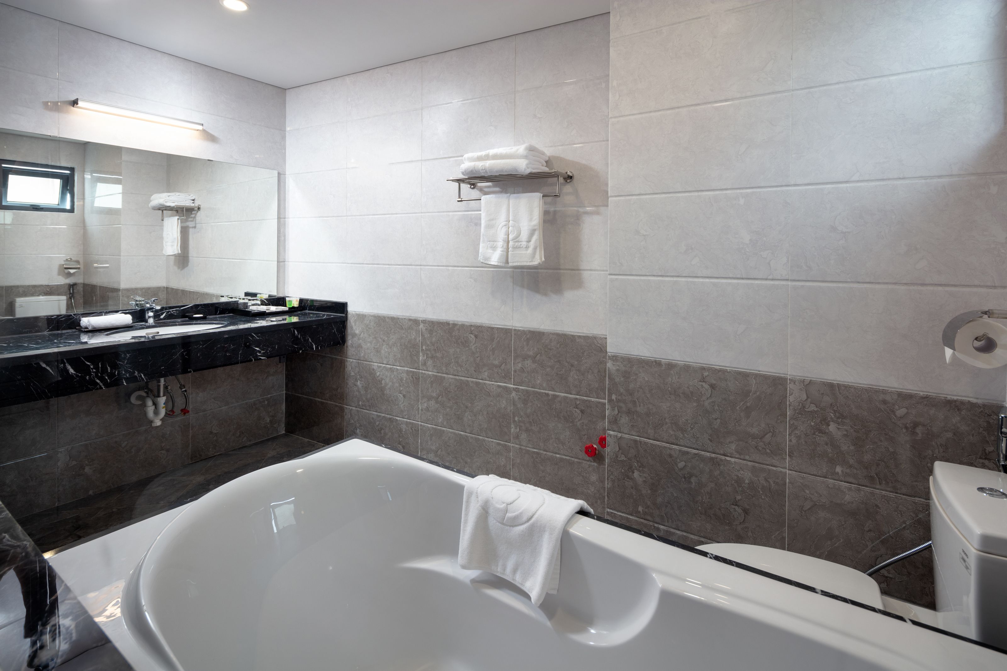 combined shower/bathtub, free toiletries, hair dryer, bathrobes