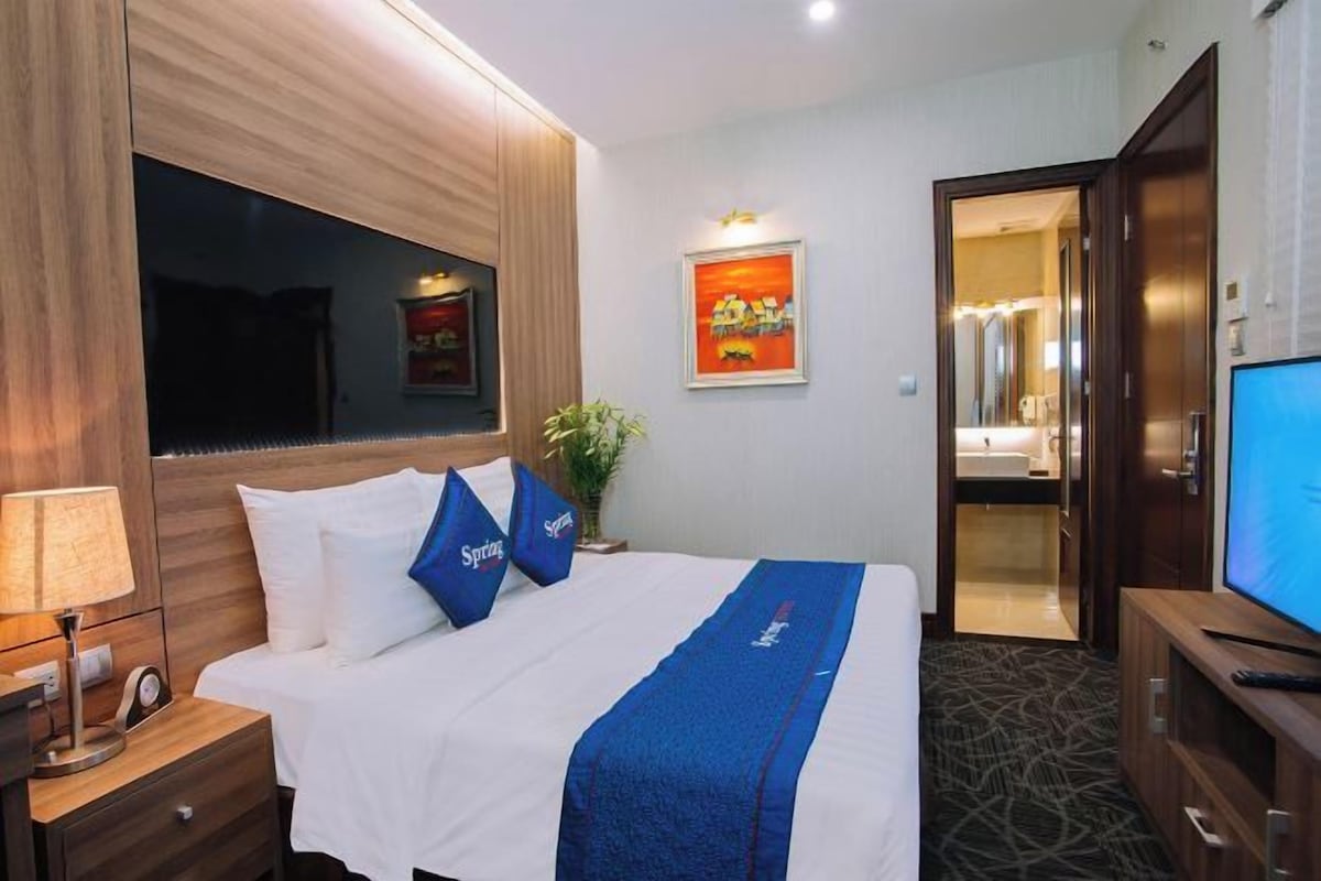 Habitación de hotel con cama, televisión, mesita de noche, lámpara, planta y un cuadro en la pared.