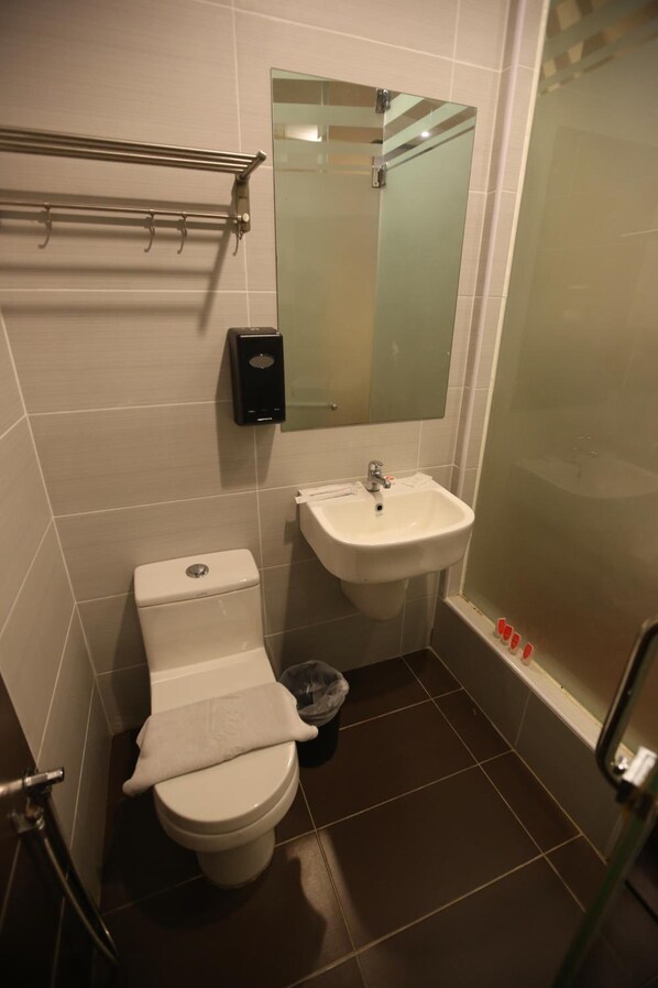 A bathroom with a toilet, sink, and glass shower enclosure.