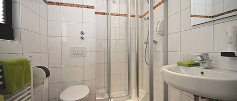A bathroom with a glass-enclosed shower, a white sink, and a toilet.