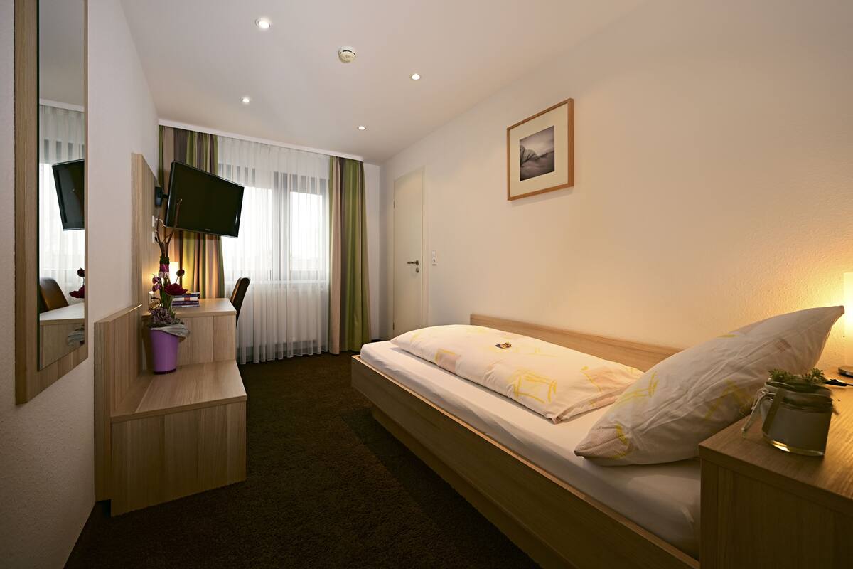 A hotel room with a bed, a desk, a television, and a mirror.