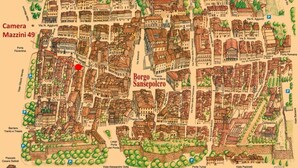 A detailed map of Borgo Sansepolcro, highlighting streets, landmarks, and parking areas. - Camere Mazzini 49 (Sansepolcro)