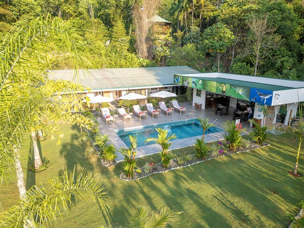 An aerial view of a resort with a swimming pool, sun loungers, and a bar area. - Paradise Lodge (Barú)