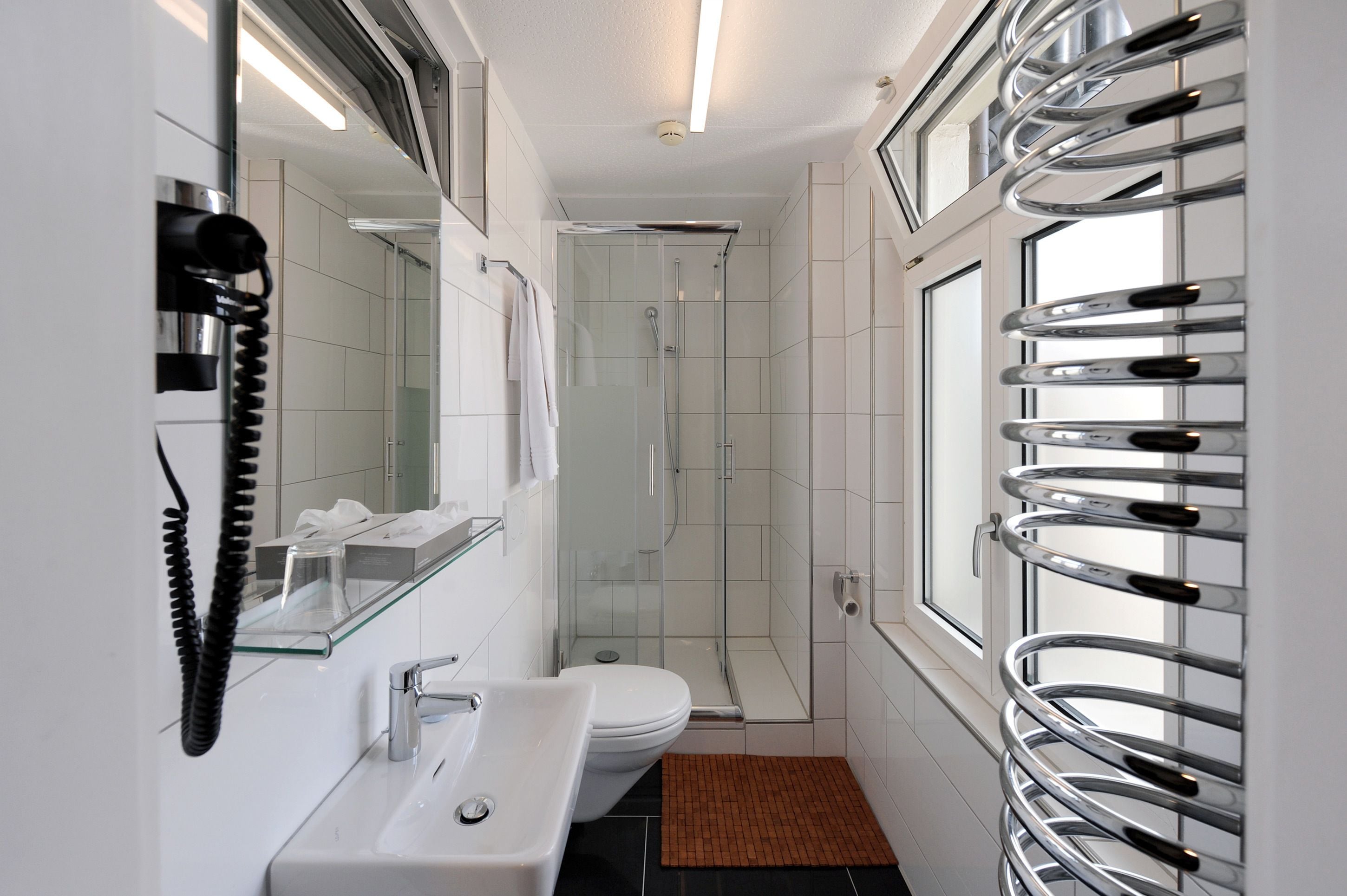 economy single room (external private bathroom) | bathroom | shower, hair dryer, towels