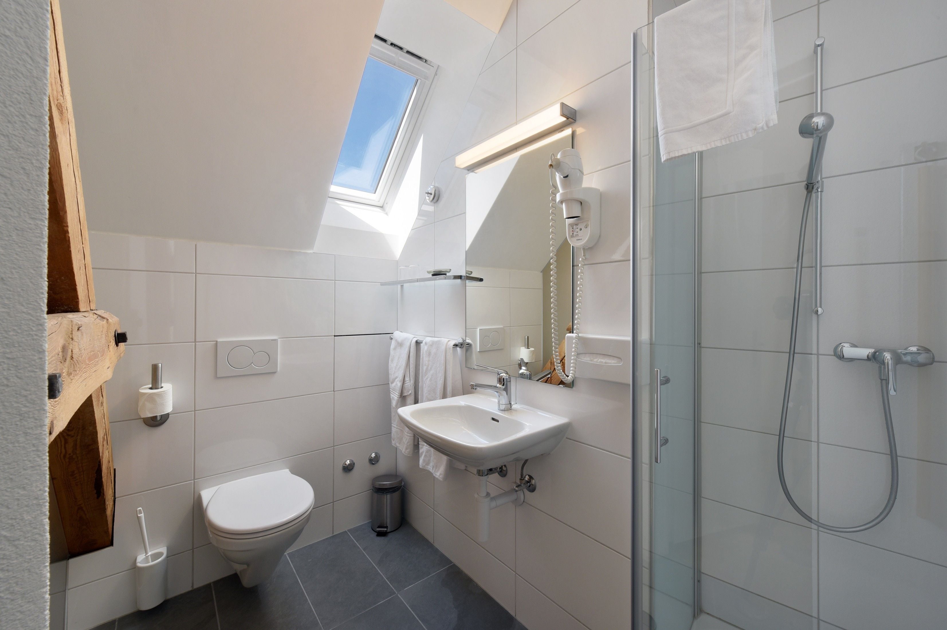economy double room | bathroom | shower, hair dryer, towels