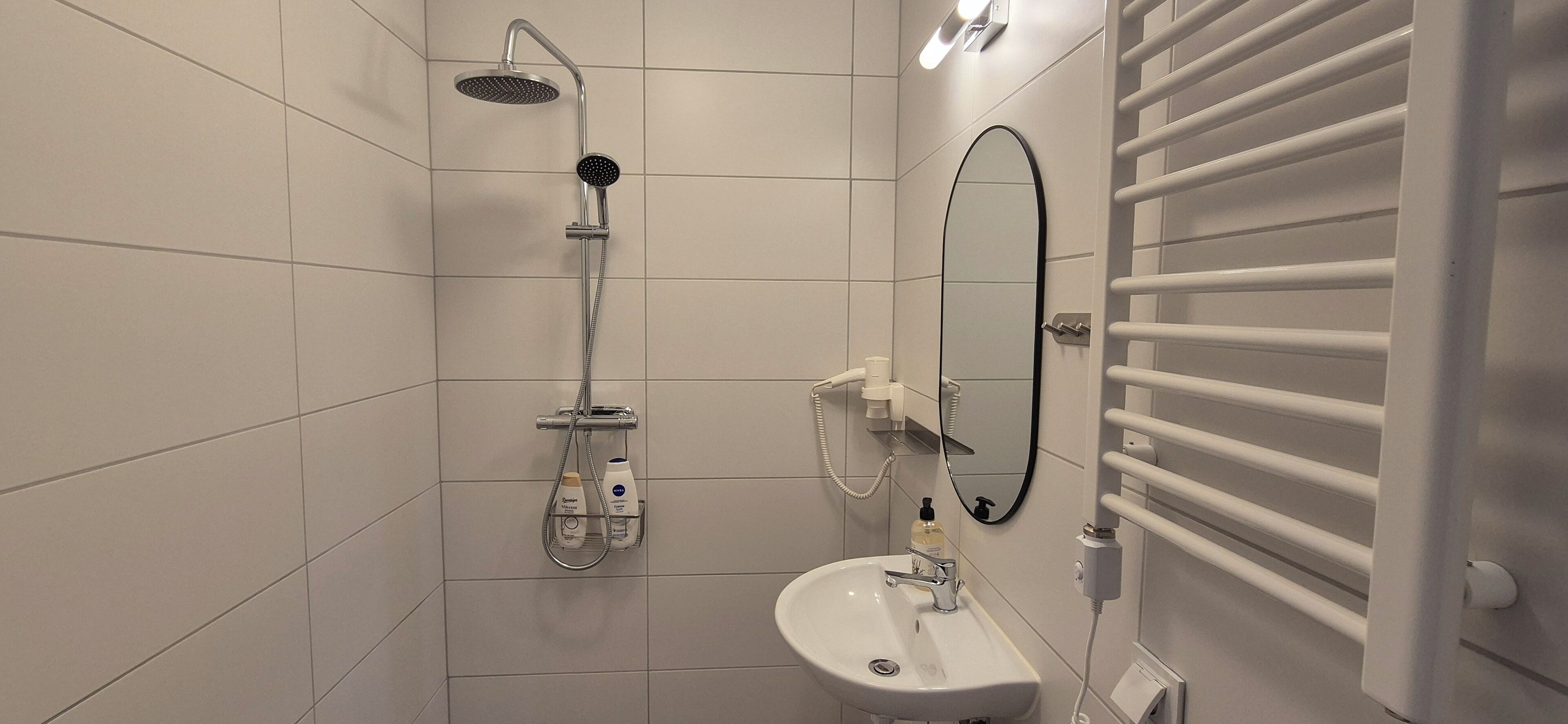 A modern bathroom with a shower, a sink, and a mirror.
