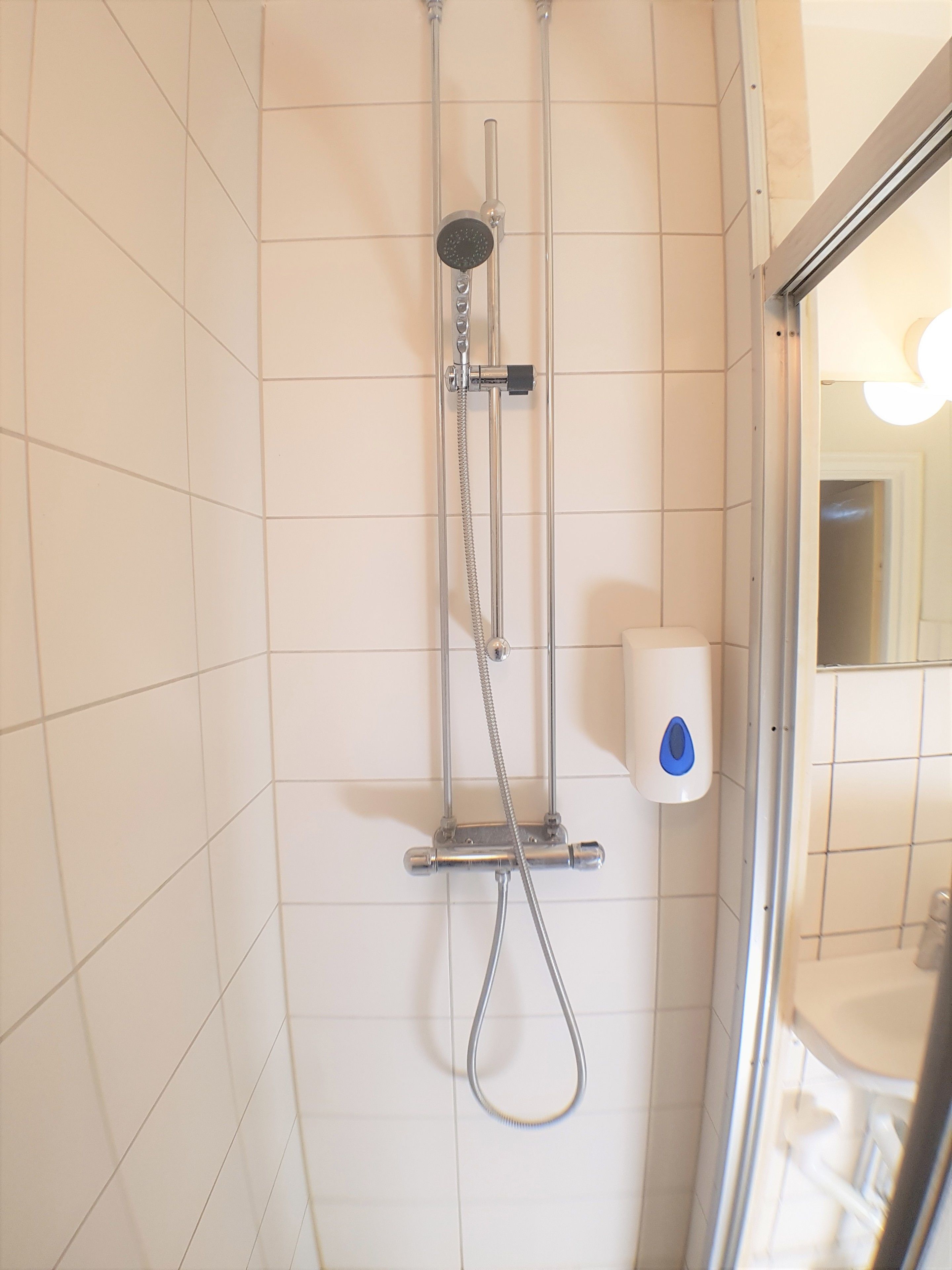 A shower with a handheld showerhead, a wall-mounted faucet, and a soap dispenser.