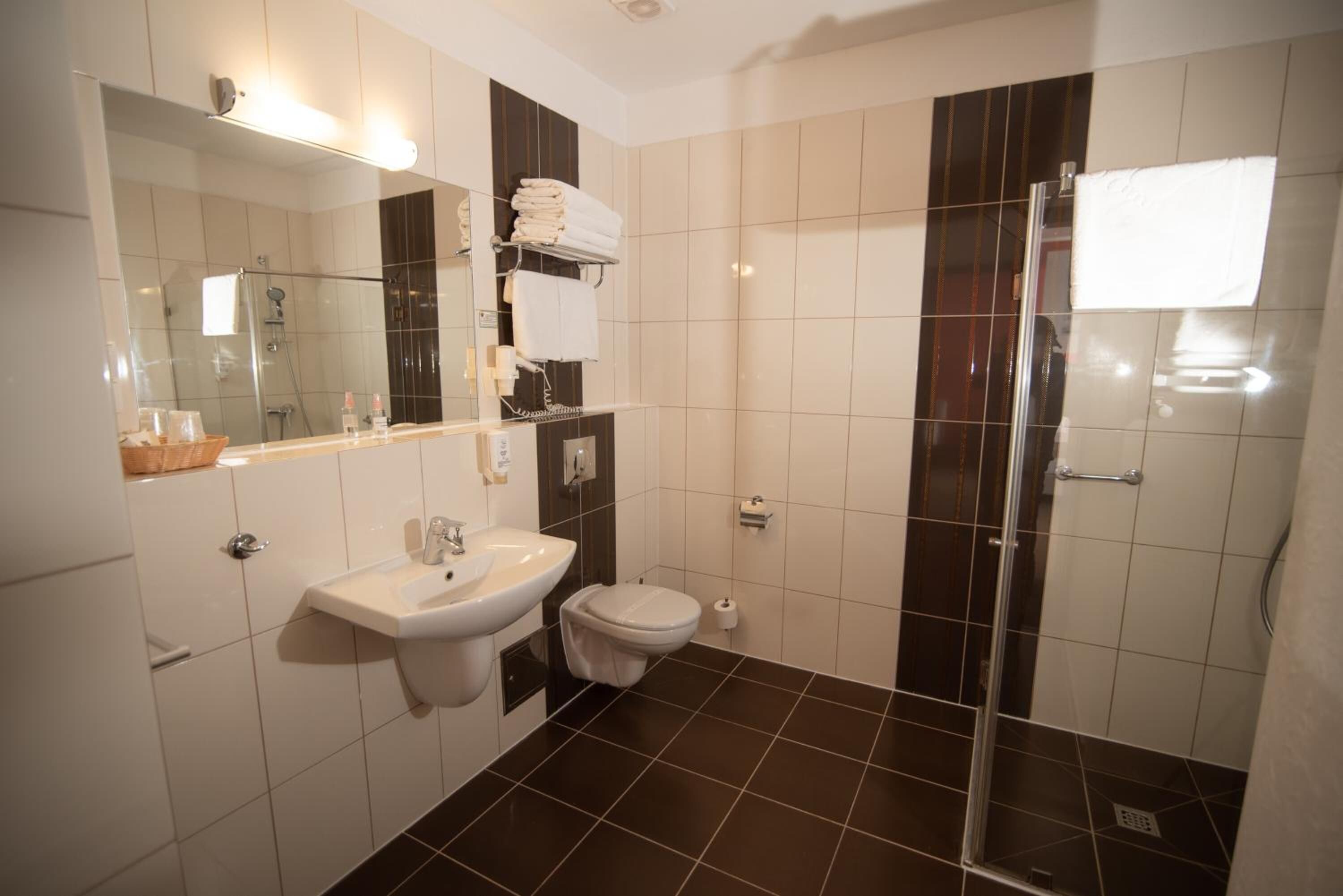 Une salle de bain moderne équipée d’un lavabo, de toilettes et d’une zone douche.