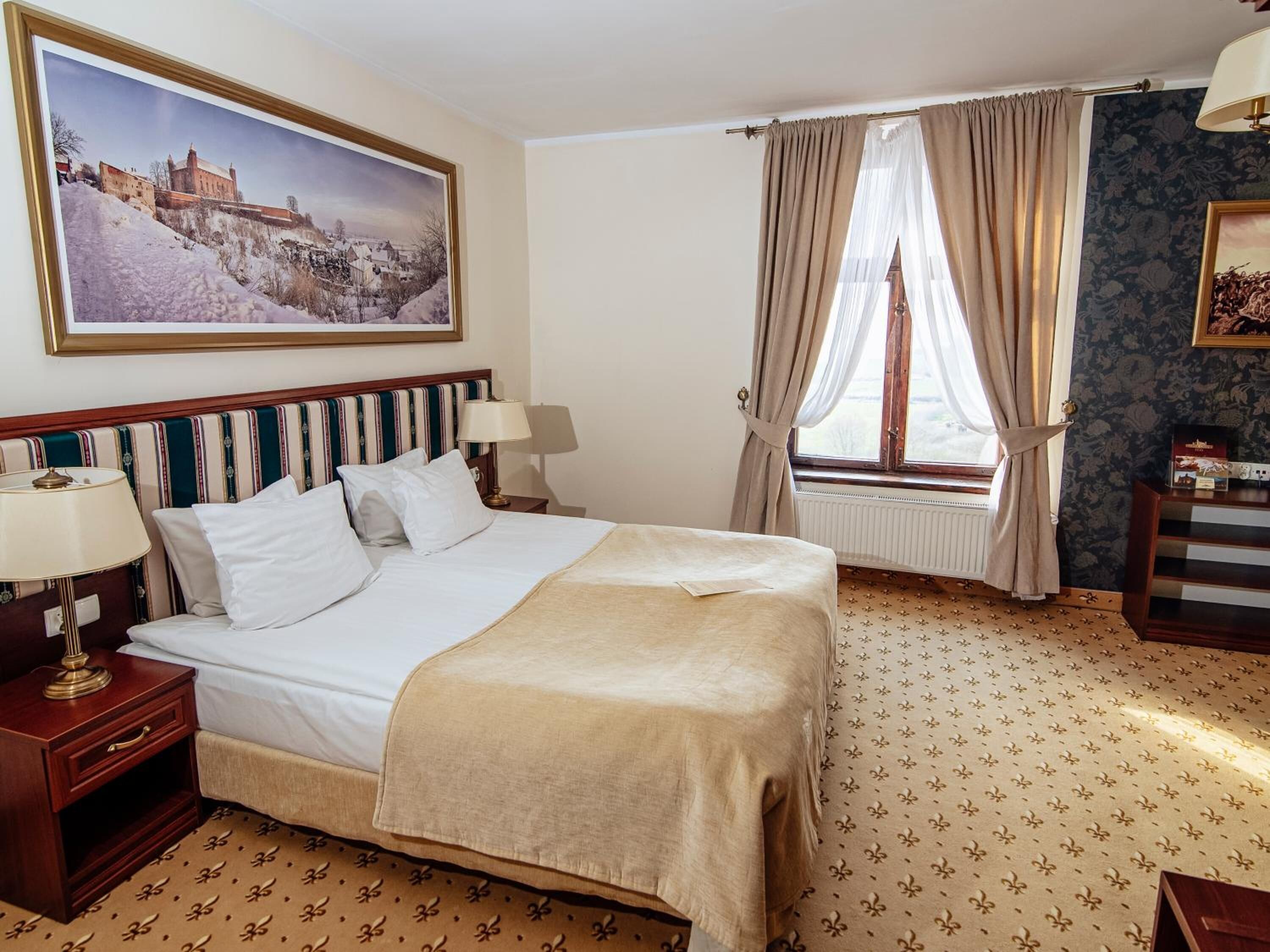 A hotel room with a large bed, a nightstand with a lamp, a window with curtains, a radiator, and a framed picture on the wall.