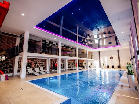 Indoor pool, open 9:00 AM to 9:00 PM, sun loungers