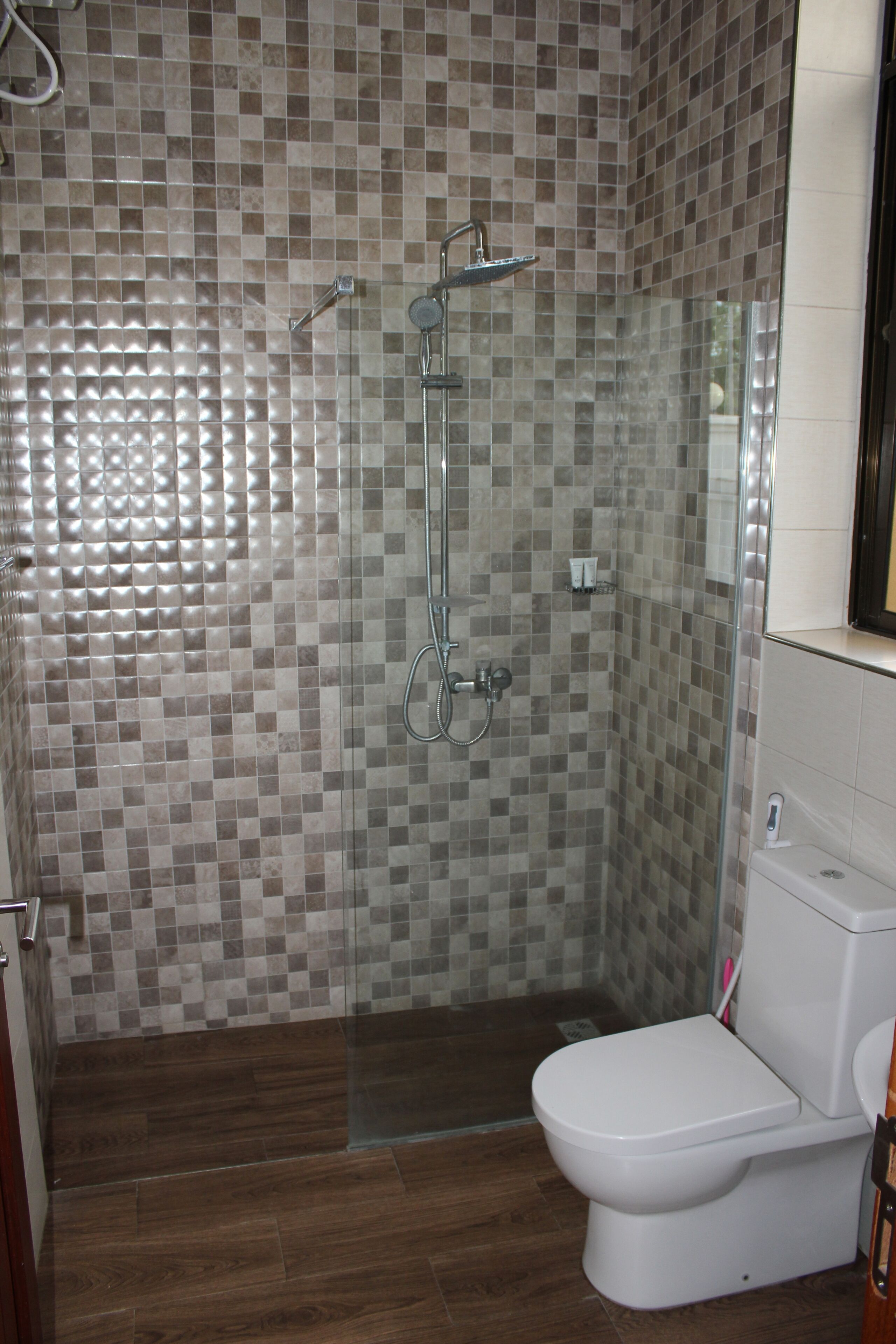 A bathroom with a glass-enclosed shower, a white toilet, and a tiled wall.
