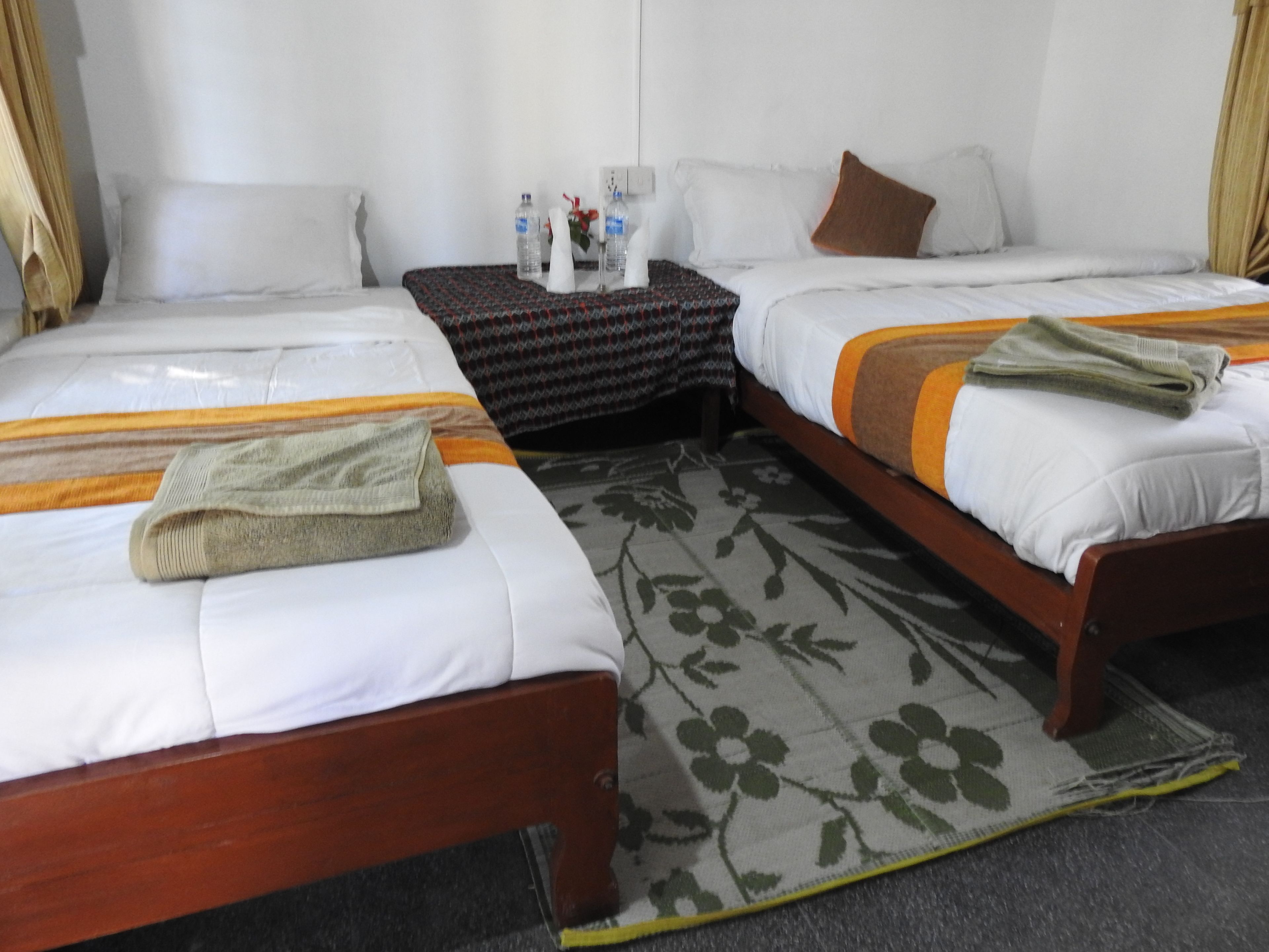 Habitación de hotel con dos camas, una mesita con botellas y una alfombra estampada con motivos florales.