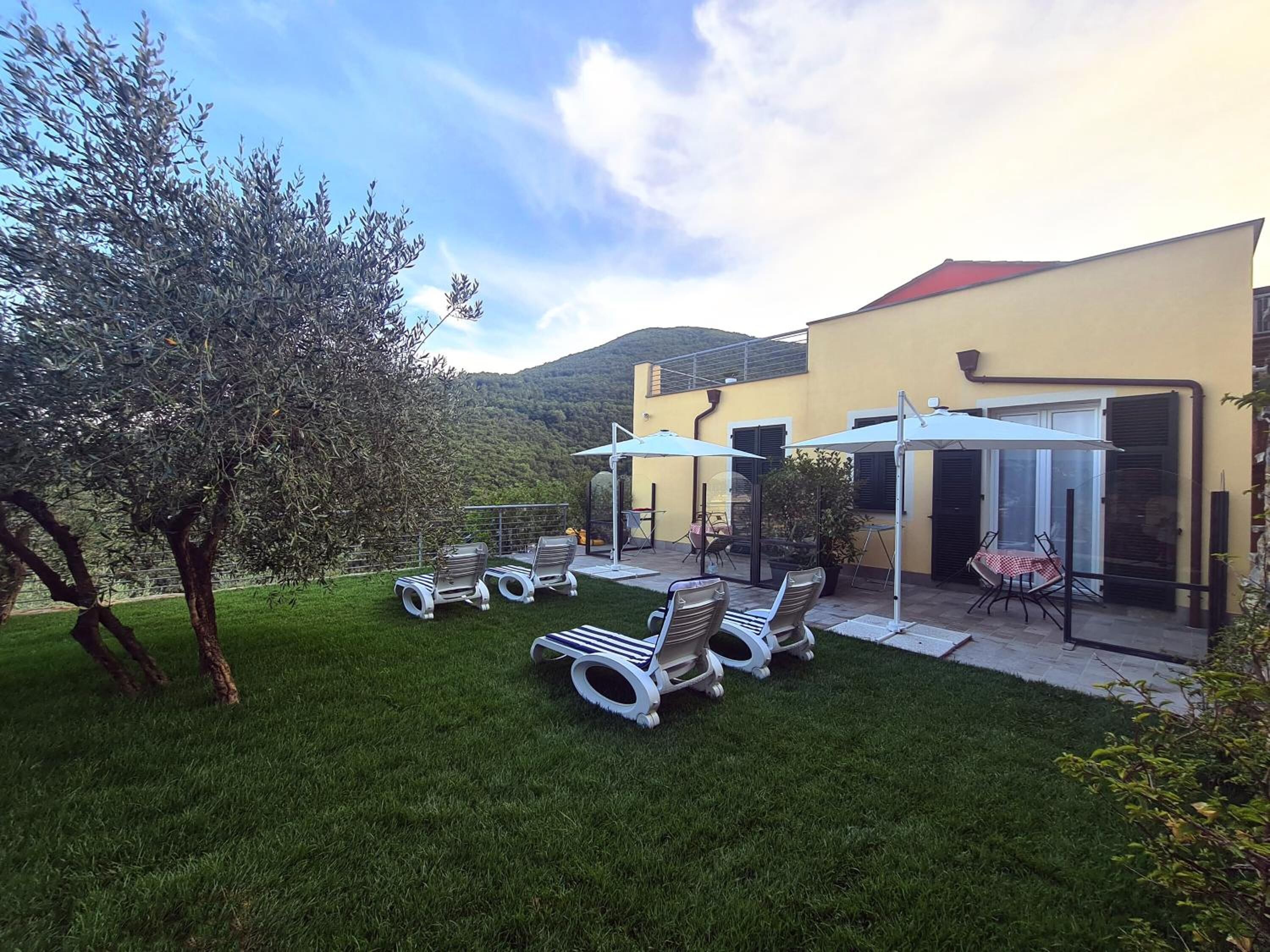 A modern outdoor patio with lounge chairs and umbrellas, a well-maintained lawn, and a building with a red roof.