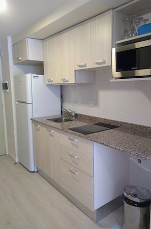 Studio | Private kitchen | Full-size fridge, microwave, stovetop, toaster