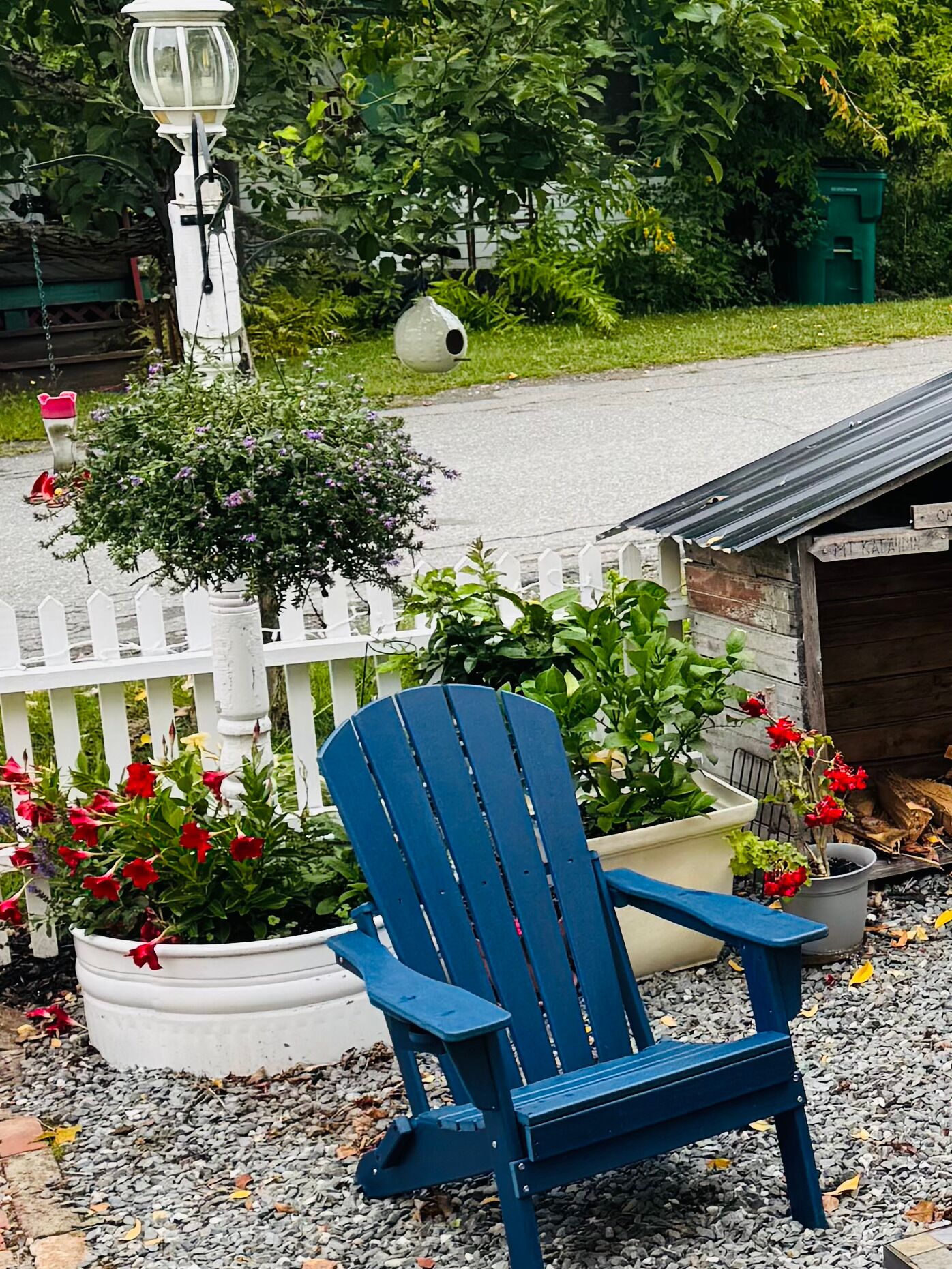 A blue Adirondack chair in a garden with a white picket fence, a lamp post, and a small shed.