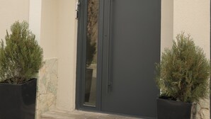 Una entrada de hotel moderna con una puerta gris oscuro, un ventanal pequeño y un letrero que indica el nombre del hotel. Hay dos macetas con plantas a cada lado de la puerta.