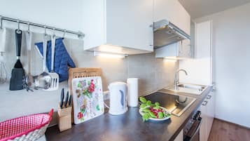 Full-sized fridge, oven, stovetop, dishwasher