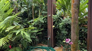 A garden with a wooden structure, a hose, and various plants. - New Year's Eve 2026 - house + housekeeping services. Convenience and comfort (São Sebastião)