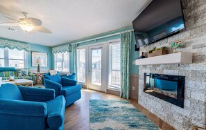 TV, fireplace, Netflix, streaming services - K1117 - Sunrise Views & Coastal Luxury – Community Pool, Hot Tub, PETS OK! Steps to the Sand! (South Nags Head)