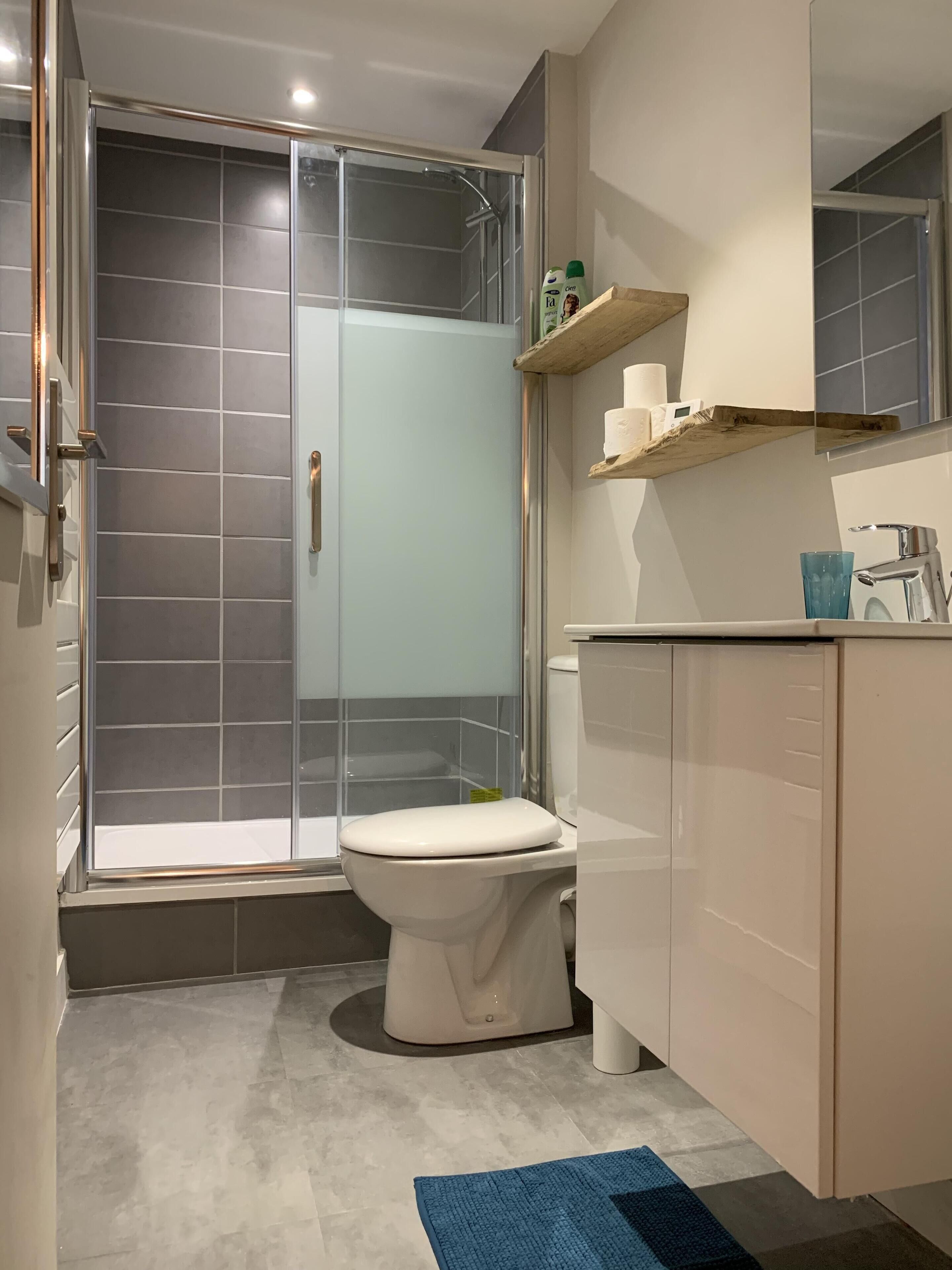 Une salle de bain moderne avec une douche à parois de verre, des toilettes et un lavabo avec un miroir au-dessus.