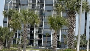 Un edificio de varios pisos con balcones, un farol y palmeras al frente.