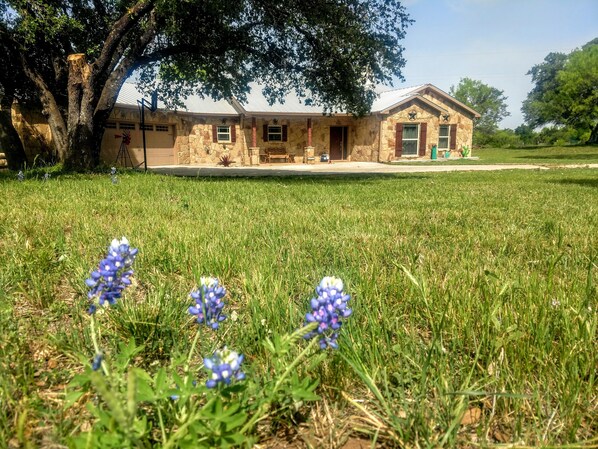 A stone building with a porch, surrounded by a grassy field and trees.