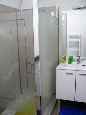 Shower, hair dryer, toilet paper