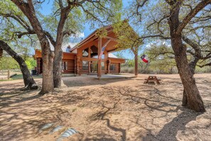 Terrace/patio - Spacious 5-Acre Log Cabin | Pool, Hot Tub, Pets (Burnet)