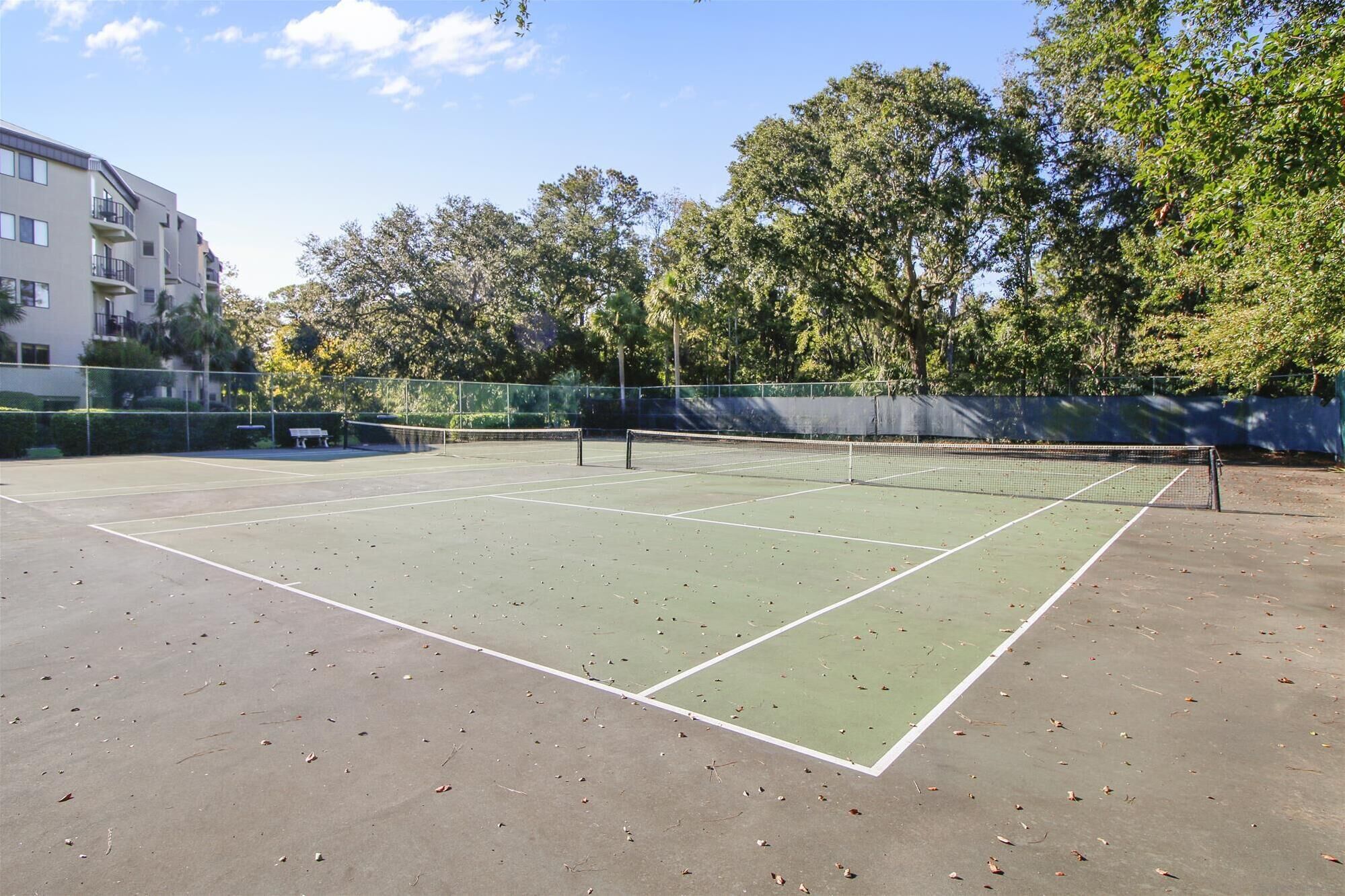 Un court de tennis en plein air, doté d’un filet, entouré d’arbres et délimité par une clôture.