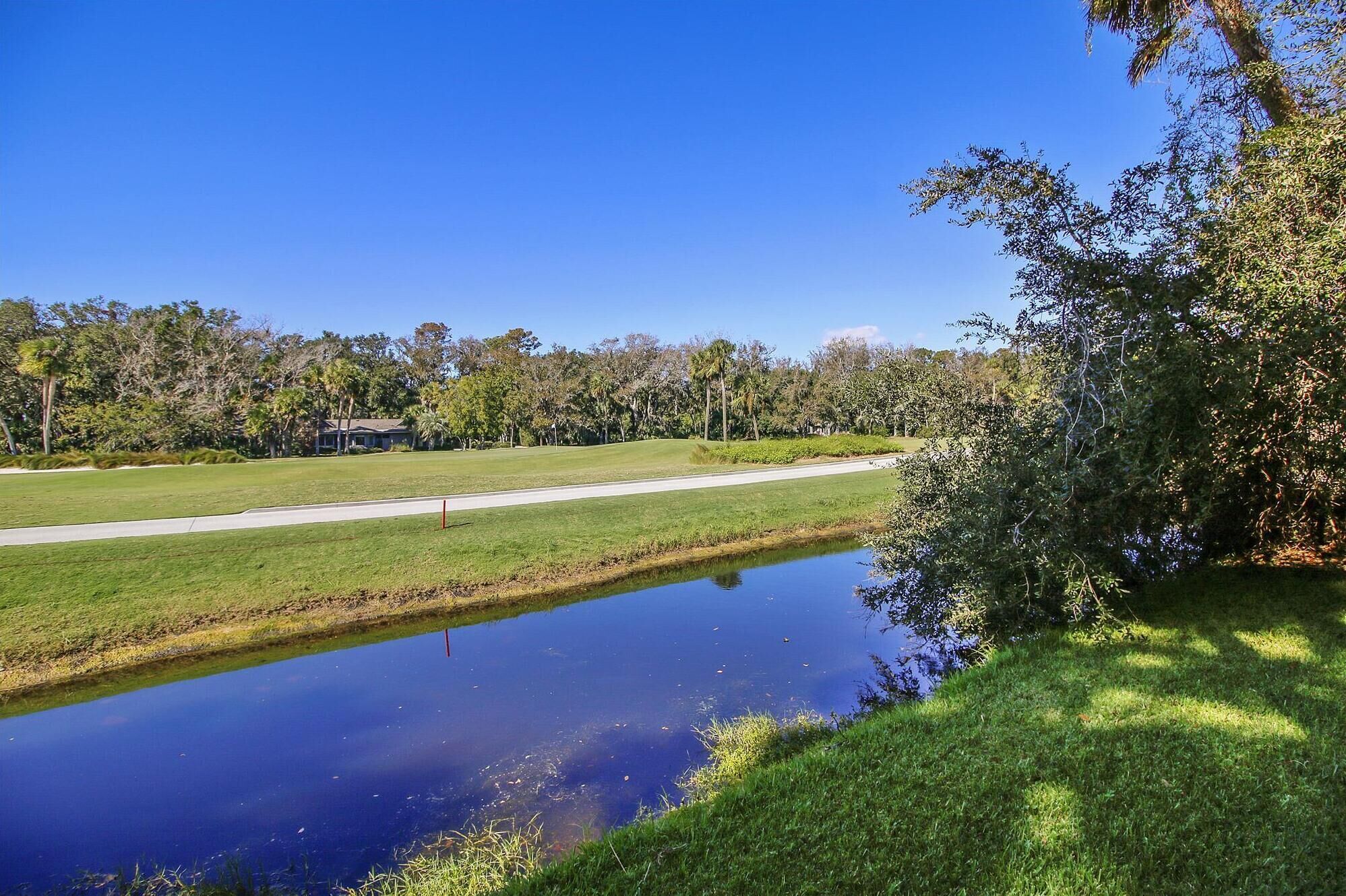 A serene landscape with a pond, a road, and a grassy area with trees.