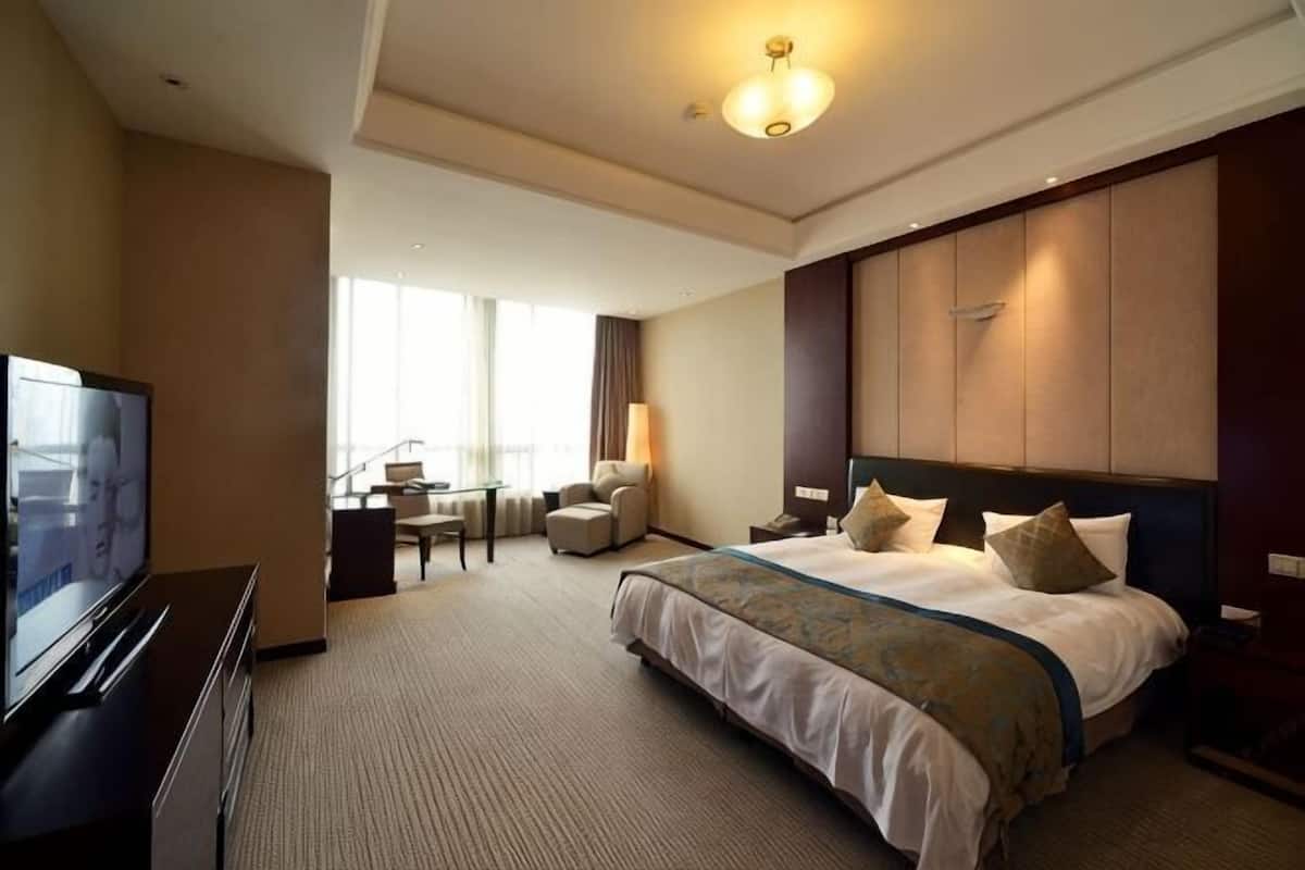 A hotel room with a large bed, a television, a desk with a chair, and a view of the outdoors.