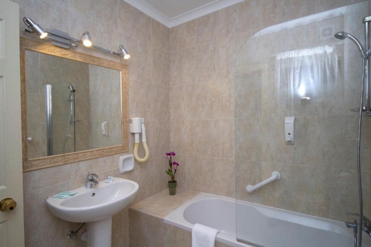 Un baño con lavamanos, espejo, ducha y una pequeña planta en maceta.