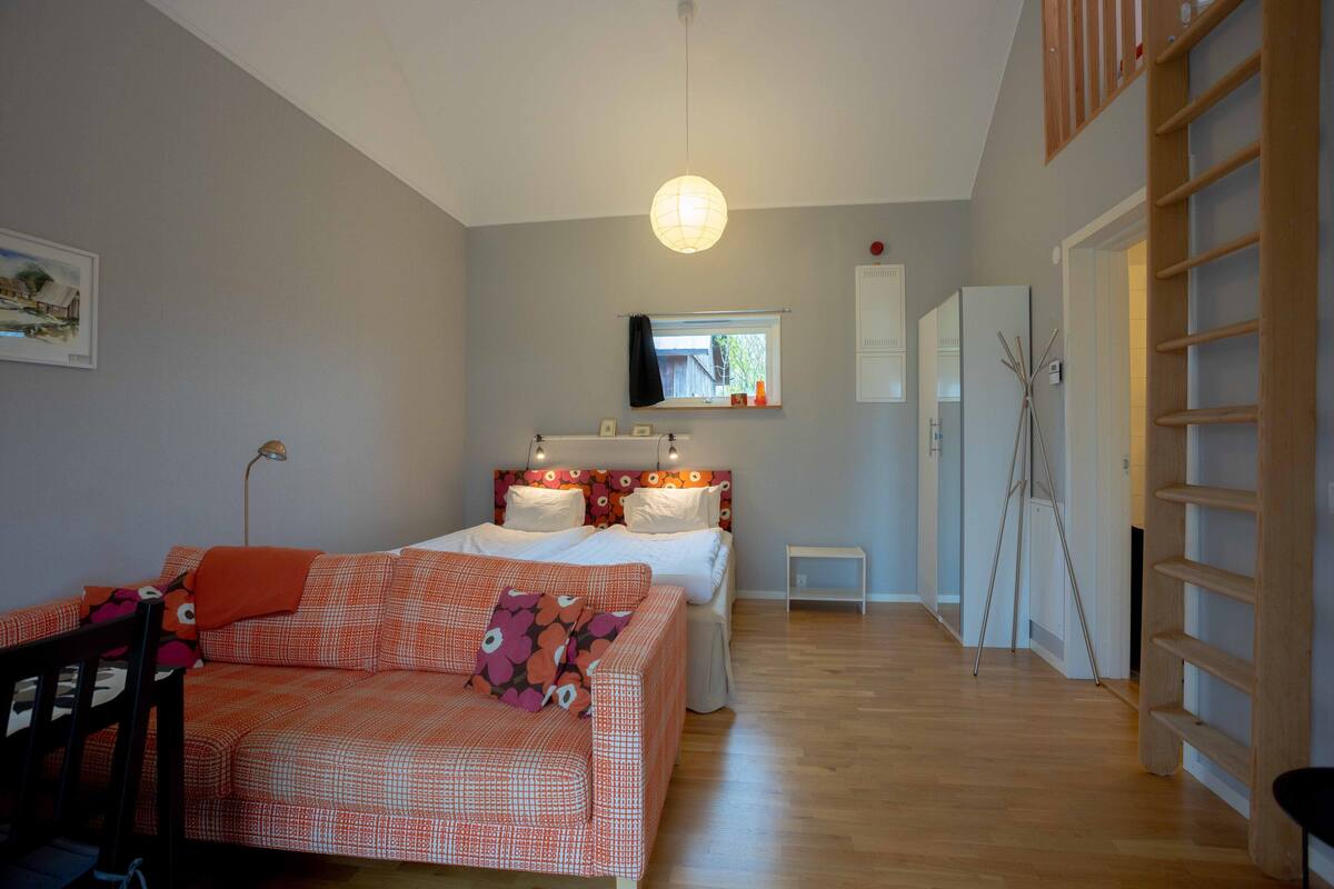 Ein Schlafzimmer mit einem Bett, einem Sofa, einem Schreibtisch und einer Leitern.