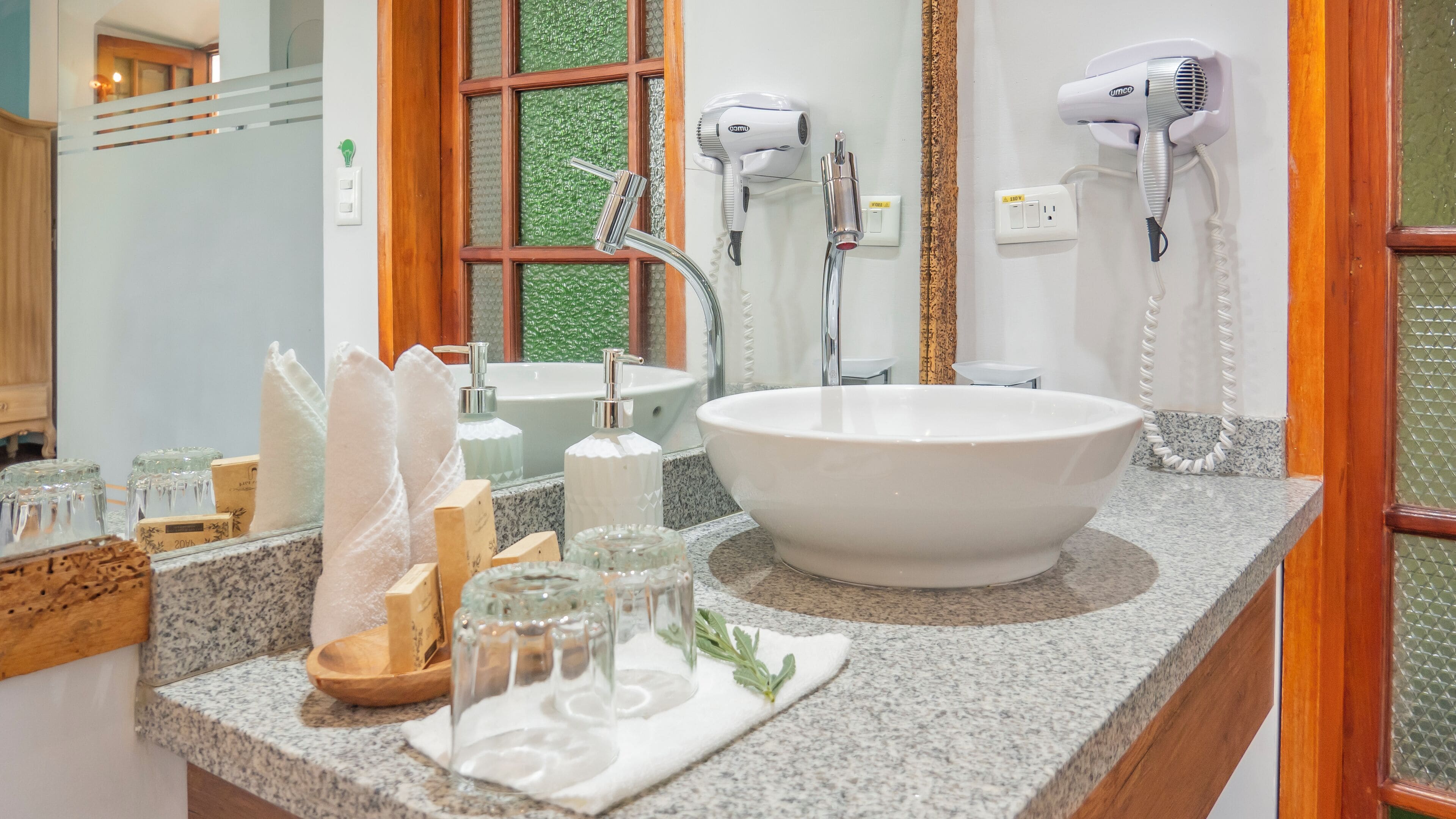 luxury room | bathroom | shower, eco-friendly toiletries, hair dryer, bathrobes