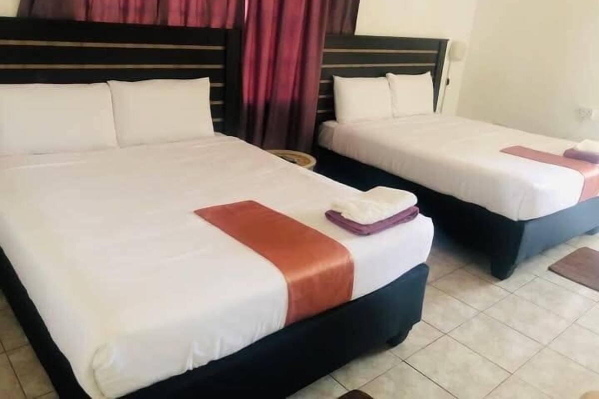 Two single beds with white linens and brown headboards in a hotel room.