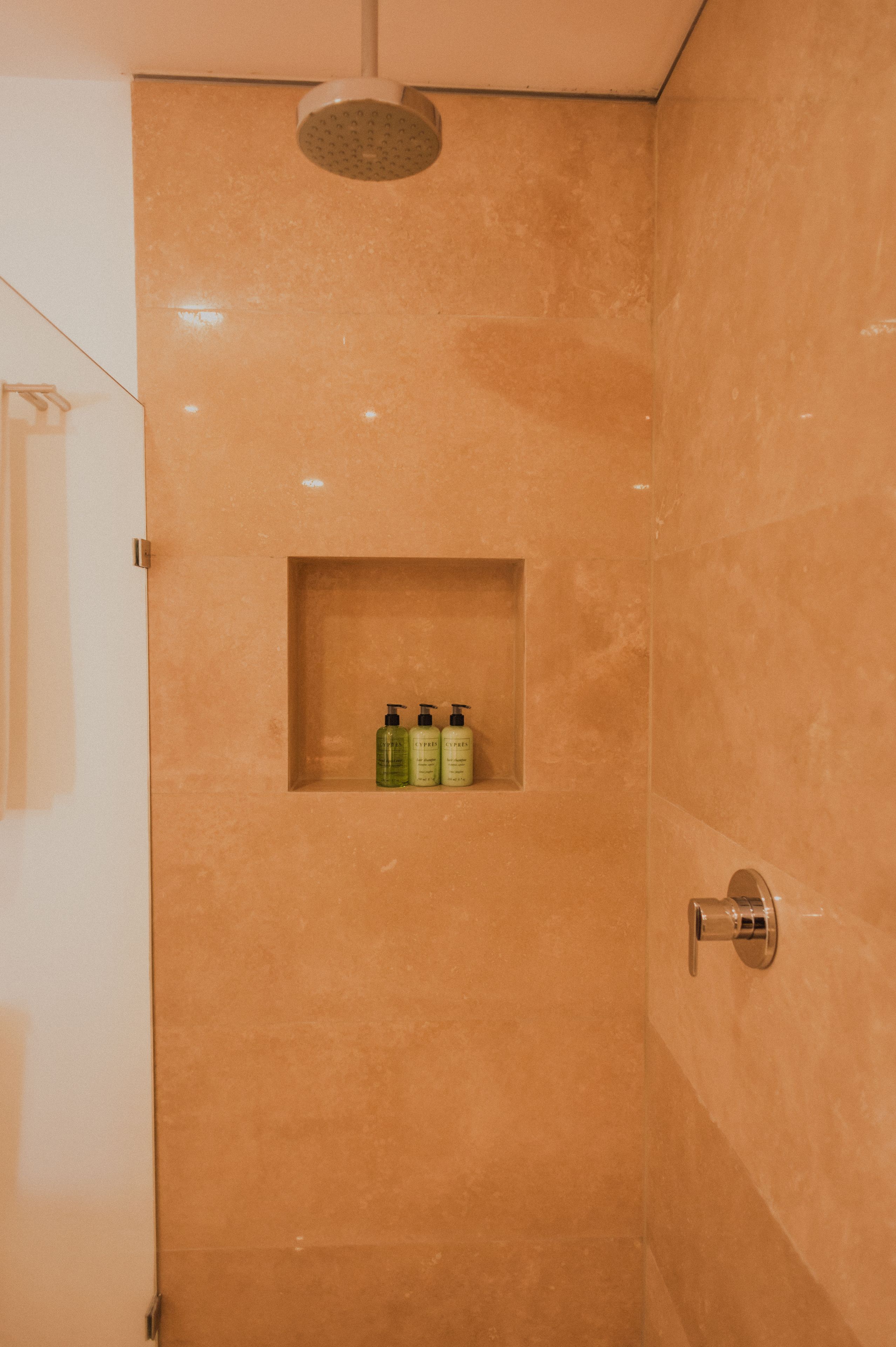 A bathroom with a shower, a shelf with toiletries, and a towel rack.