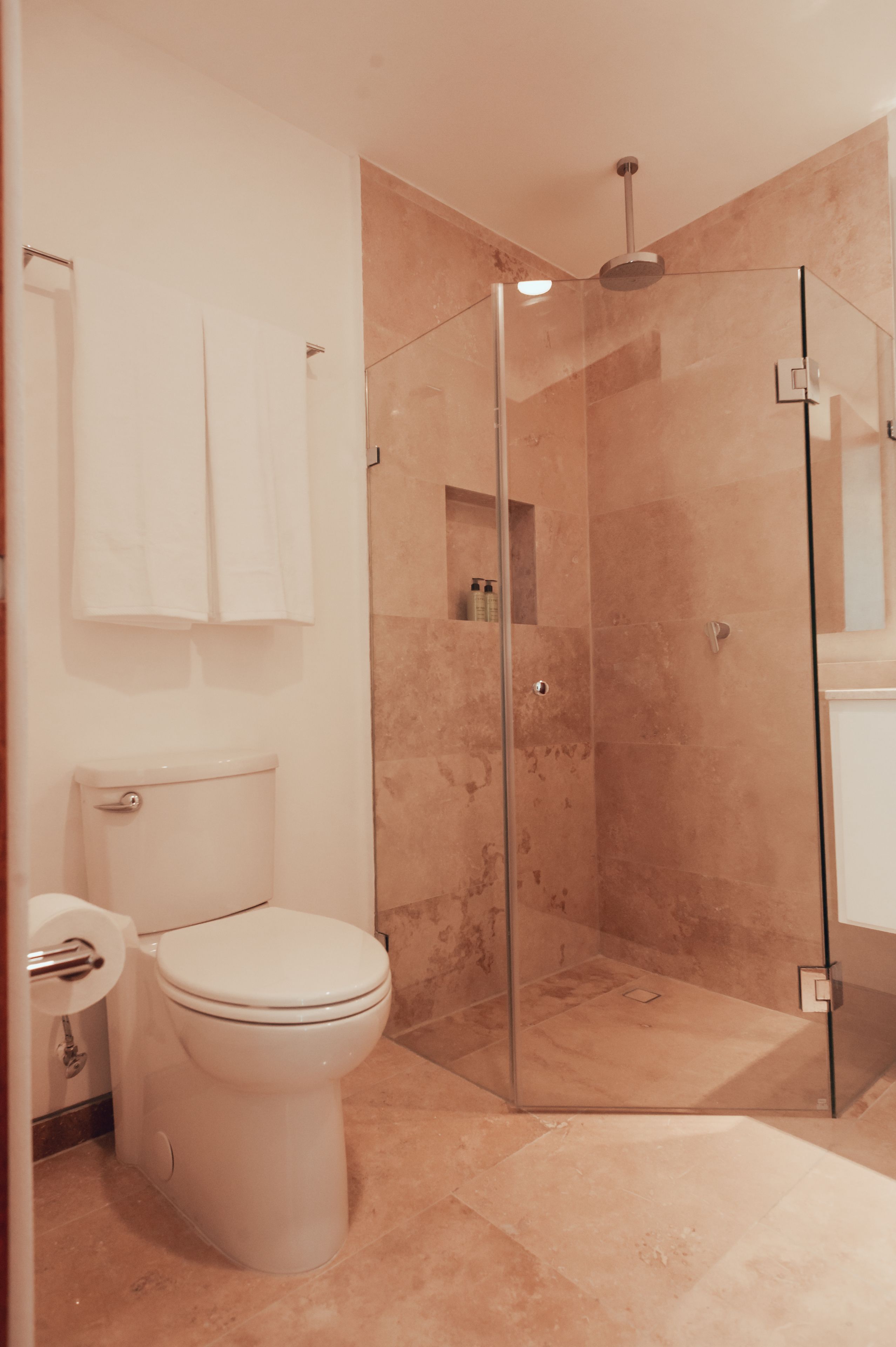 A modern bathroom with a glass-enclosed shower, a toilet, and a sink.