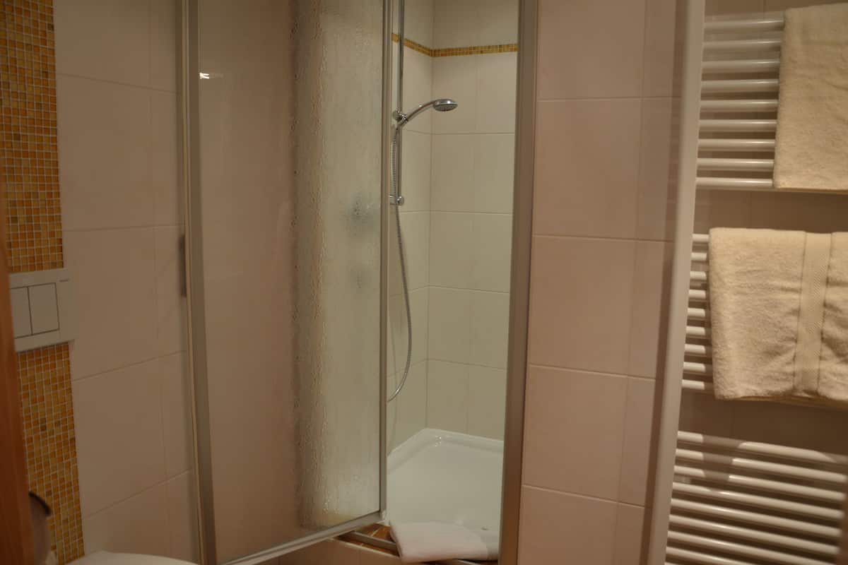 Habitación doble | Baño | Ducha, secador de pelo, toallas y papel higiénico