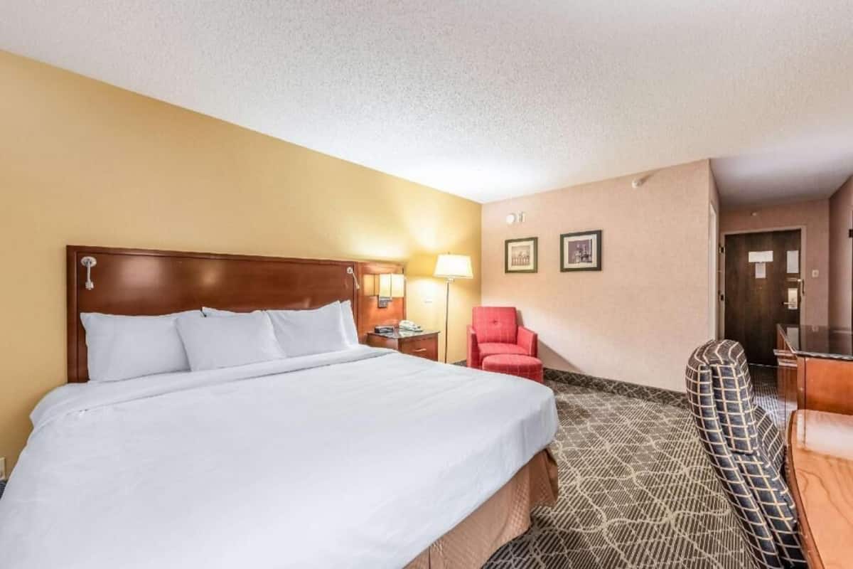 A hotel room with a large bed, a red chair, a desk, and a lamp.