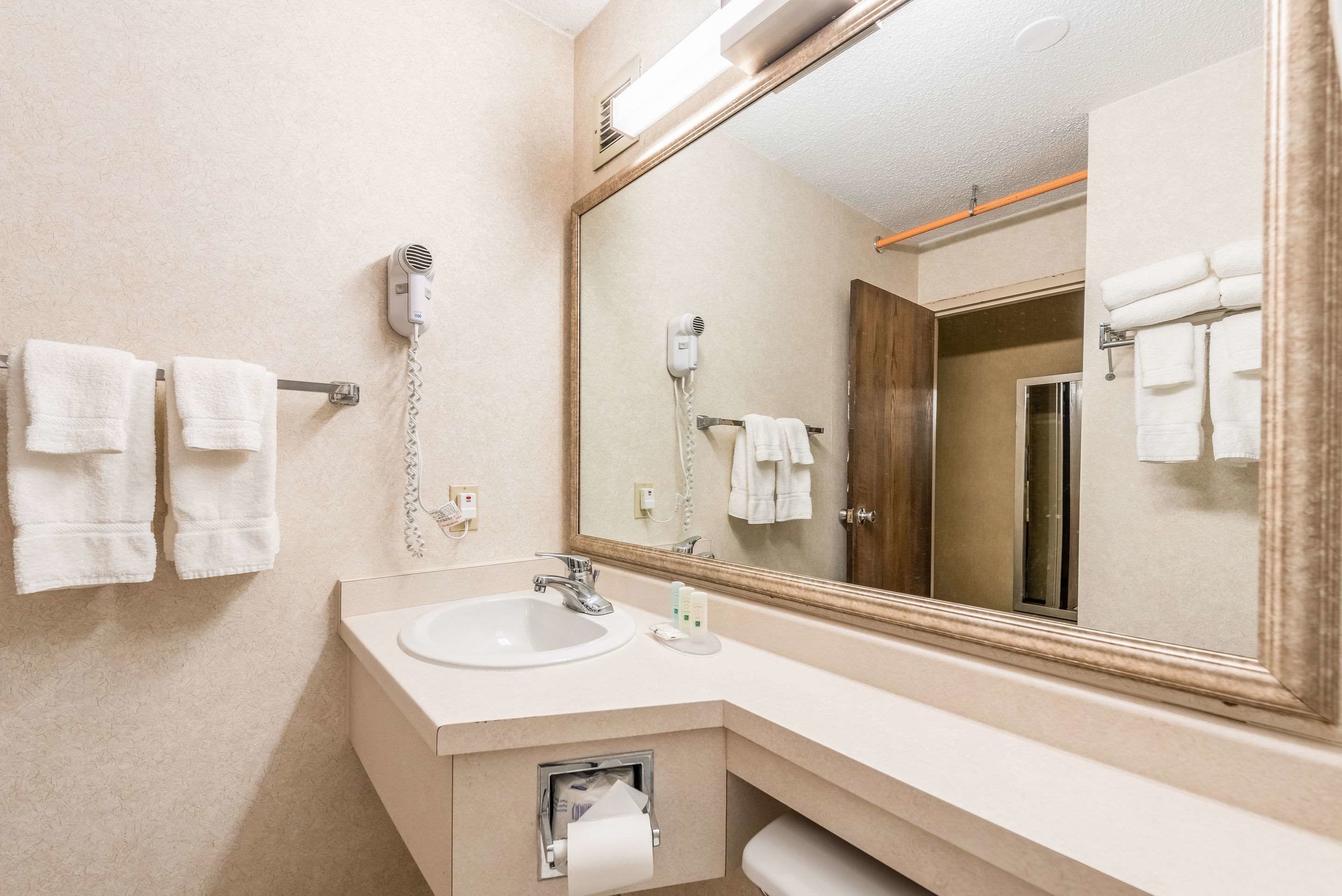 A bathroom with a sink, mirror, towel rack, and hair dryer.