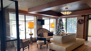 Una sala moderna con sofá, sillones y un árbol de Navidad.