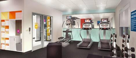 A fitness center with treadmills, a stationary bike, and a rowing machine. There are shelves with towels and a phone on the wall.