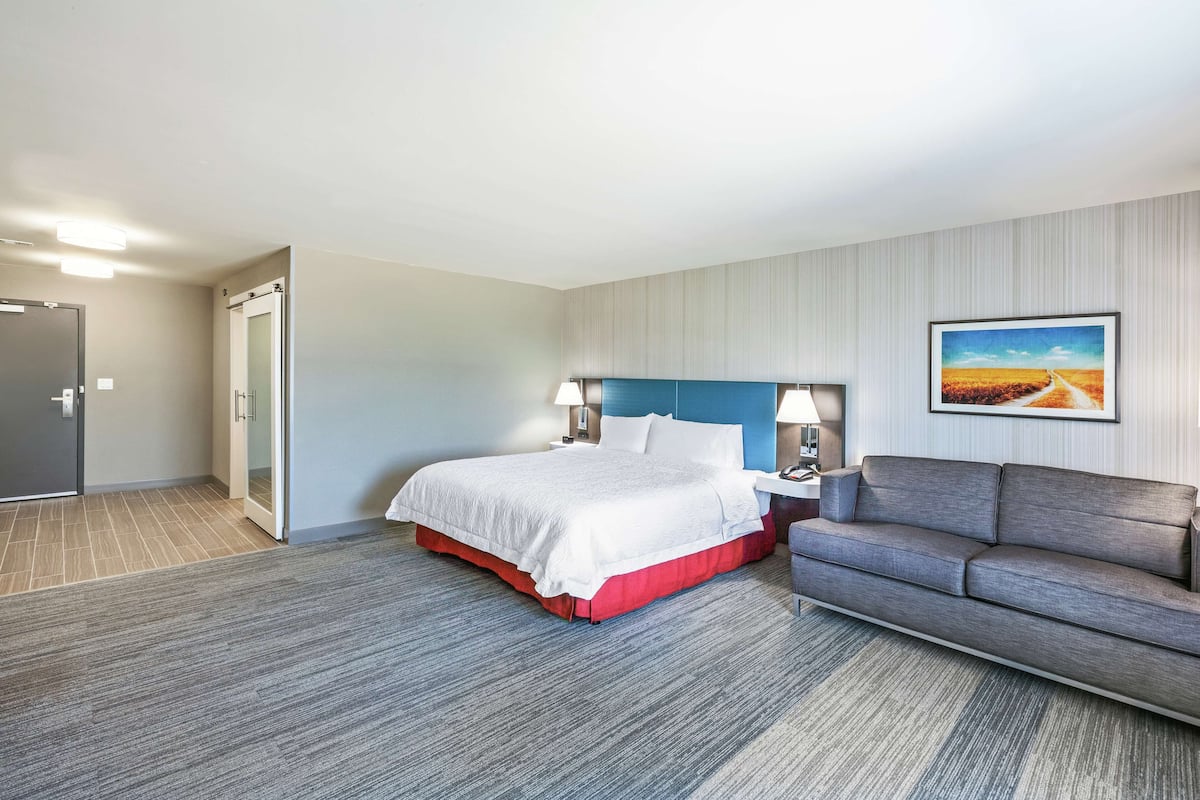 A hotel room with a bed, a sofa, a painting on the wall, and a door.